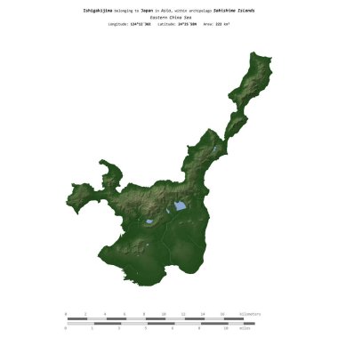 Doğu Çin Denizi 'nde, Japonya' ya ait Ishigakijima, uzaklık ölçeğinde, renkli bir yükseklik haritasında izole edilmiştir.