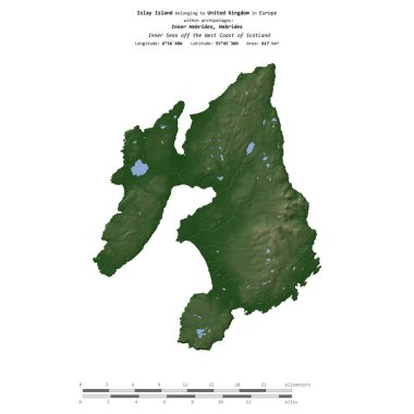 İskoçya 'nın batı kıyısındaki İç Denizler' deki Islay Adası, Birleşik Krallık 'a ait, renkli bir yükseklik haritasında izole edilmiş, mesafe ölçeğinde.