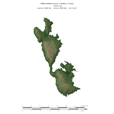Yunanistan 'a ait İyon Denizi' ndeki İtaka Adası, uzaklık ölçeğine sahip renkli bir yükseklik haritasında izole edilmiş.