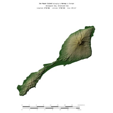 Norveç Denizi 'ndeki Jan Mayen Adası, uzaklık ölçeğinde, renkli bir yükseklik haritasında izole edilmiştir.