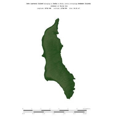 Hindistan 'a ait Andaman veya Burma Denizi' ndeki John Lawrence Adası, uzaklık ölçeğinde, renkli bir yükseklik haritasında izole edilmiştir.