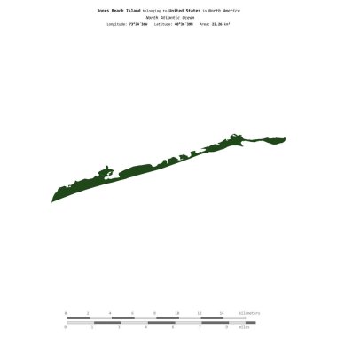 Amerika Birleşik Devletleri 'ne ait Kuzey Atlantik Okyanusu' ndaki Jones Sahili Adası, uzaklık ölçeğinde, renkli bir yükseklik haritasında izole edilmiştir.
