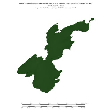 Falkland Adaları 'na ait Güney Atlantik Okyanusu' ndaki George Adası, uzaklık ölçeğinde, renkli bir yükseklik haritasında izole edilmiştir.