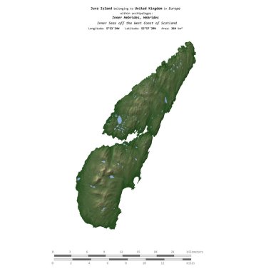 İskoçya 'nın batı kıyısındaki İç Denizler' deki Jura Adası, Birleşik Krallık 'a ait, uzaklık ölçeğine sahip renkli bir yükseklik haritasında izole edilmiş.