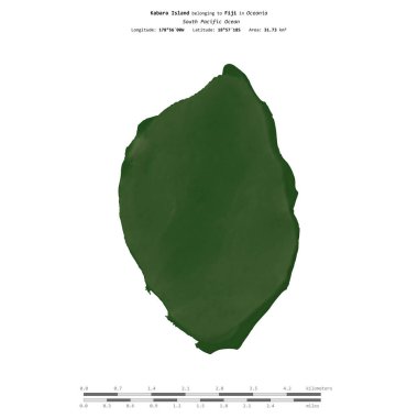Fiji 'ye ait olan Güney Pasifik Okyanusu' ndaki Kabara Adası, uzaklık ölçeğinde, renkli bir yükseklik haritasında izole edilmiştir.