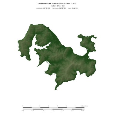 Japonya 'ya ait Doğu Çin Denizi' ndeki Kamikoshikishima Adası, uzaklık ölçeğinde, renkli bir yükseklik haritasında izole edilmiştir.