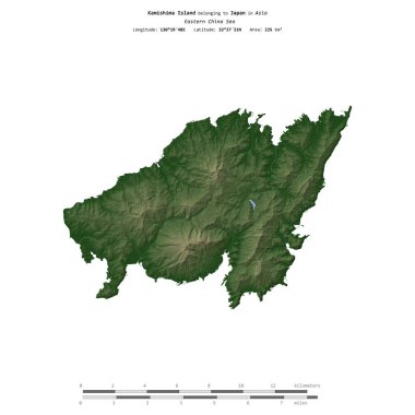 Doğu Çin Denizi 'ndeki Kamishima Adası, Japonya' ya ait, uzaklık ölçeğinde, renkli bir yükseklik haritasında izole edilmiş.