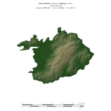 Endonezya 'ya ait Güney Çin Denizi' ndeki Pulau Karimata, uzaklık ölçeğine sahip renkli bir yükseklik haritasında izole edilmiştir.