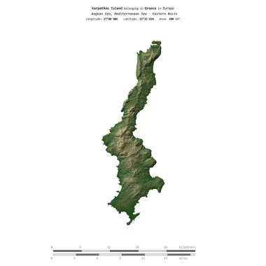Yunanistan 'a ait Ege Denizi' ndeki Karpathos Adası, uzaklık ölçeğine sahip renkli bir yükseklik haritasında izole edilmiş.