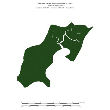 Kuzey Atlantik Okyanusu 'ndaki Kassigueli Adası, Gine' ye ait, uzaklık ölçeğinde, renkli bir yükseklik haritasında izole edilmiştir.
