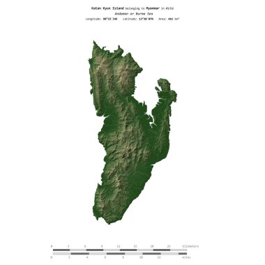 Andaman veya Burma Denizi 'ndeki Katan Kyun Adası, Myanmar' a ait, uzaklık ölçeğinde, renkli bir yükseklik haritasında izole edilmiş.