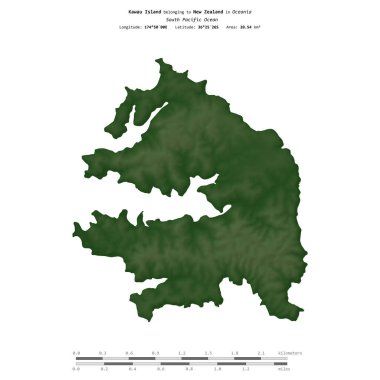 Yeni Zelanda 'ya ait Güney Pasifik Okyanusu' ndaki Kawau Adası, uzaklık ölçeğine sahip renkli bir yükseklik haritası üzerinde izole edilmiştir.