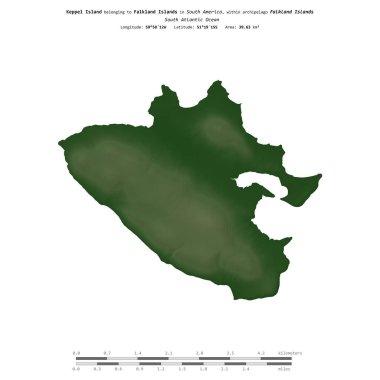 Falkland Adalarına ait Güney Atlantik Okyanusu 'ndaki Keppel Adası, uzaklık ölçeğine sahip renkli bir yükseklik haritası üzerinde izole edilmiştir.