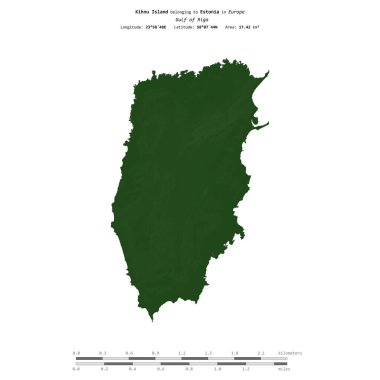 Riga Körfezi 'ndeki Kihnu Adası, Estonya' ya ait, uzaklık ölçeğinde, renkli bir yükseklik haritasında izole edilmiş.