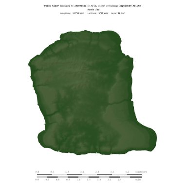 Endonezya 'ya ait Banda Denizi' ndeki Pulau Kisar, uzaklık ölçeğine sahip renkli bir yükseklik haritasında izole edilmiştir.
