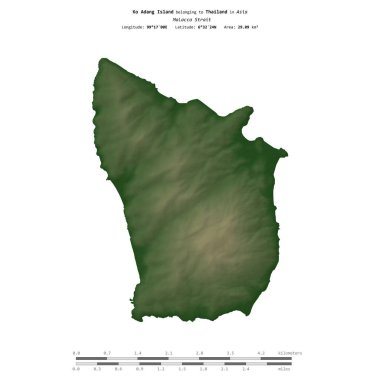 Tayland 'a ait Malacca Boğazı' ndaki Ko Adang Adası, uzaklık ölçeğine sahip renkli bir yükseklik haritasında izole edilmiştir.