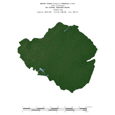 Endonezya 'ya ait Arafura Denizi' ndeki Kobroor Adası, uzaklık ölçeğine sahip renkli bir yükseklik haritasında izole edilmiştir.