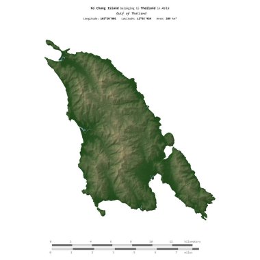 Tayland Körfezi 'ndeki Ko Chang Adası, Tayland' a ait, uzaklık ölçeğinde, renkli bir yükseklik haritasında izole edilmiş.