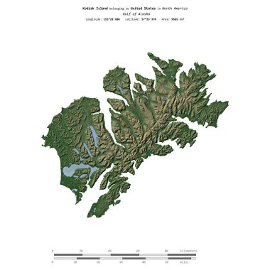 Amerika Birleşik Devletleri 'ne ait Alaska Körfezi' ndeki Kodiak Adası, uzaklık ölçeğinde, renkli bir yükseklik haritasında izole edilmiştir.