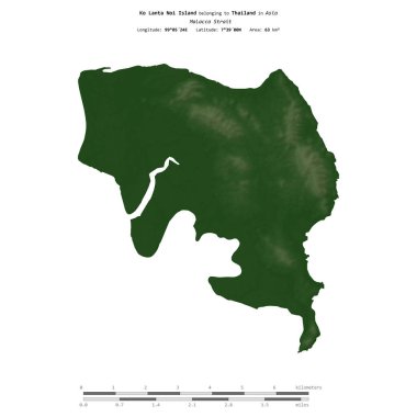 Tayland 'a ait Malacca Boğazı' ndaki Ko Lanta Noi Adası, uzaklık ölçeğine sahip renkli bir yükseklik haritasında izole edilmiştir.