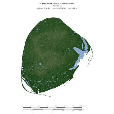 Barents Denizi 'ndeki Kolguyev Adası, Rusya' ya ait, uzaklık ölçeğinde, renkli bir yükseklik haritasında izole edilmiş.