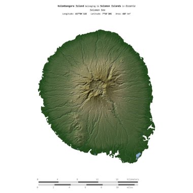 Solomon Denizi 'ndeki Kolombangara Adası. Solomon Adaları' na ait. Renkli bir yükseklik haritasında izole edilmiş.