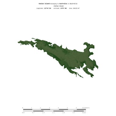 Avustralya 'ya ait Hint Okyanusu' ndaki Koolan Adası, uzaklık ölçeğine sahip renkli bir yükseklik haritası üzerinde izole edilmiştir.