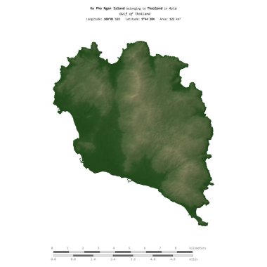 Tayland Körfezi 'ndeki Ko Pha Ngan Adası, Tayland' a ait, uzaklık ölçeğine sahip renkli bir yükseklik haritası üzerinde izole edilmiş.
