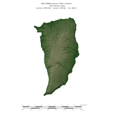 Fiji 'ye ait olan Güney Pasifik Okyanusu' ndaki Koro Adası, uzaklık ölçeğinde, renkli bir yükseklik haritasında izole edilmiştir.