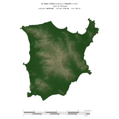 Tayland Körfezi 'ndeki Ko Samui Adası, Tayland' a ait, uzaklık ölçeğine sahip renkli bir yükseklik haritasında izole edilmiş.