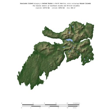 Amerika Birleşik Devletleri 'ne ait Güneydoğu Alaska ve Britanya Kolumbiyası' nın Sahil Suları 'ndaki Kosciusko Adası, uzaklık ölçeğinde ve renkli bir yükseklik haritasında izole edilmiştir.