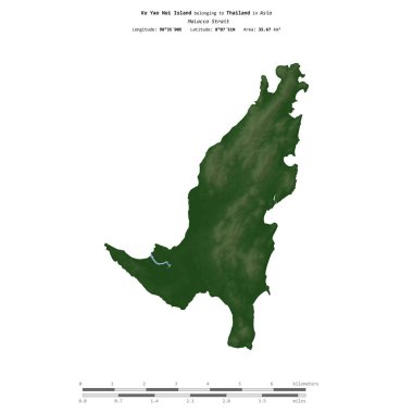 Tayland 'a ait Malacca Boğazı' ndaki Ko Yao Noi Adası, uzaklık ölçeğine sahip renkli bir yükseklik haritasında izole edilmiştir.