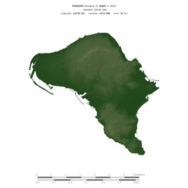 Japonya 'ya ait Doğu Çin Denizi' ndeki Kumejima, uzaklık ölçeğinde renkli bir yükseklik haritasında izole edilmiştir.