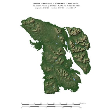 Güneydoğu Alaska ve Britanya Kolumbiyası 'nın Kıyı Suları' ndaki Kupreanof Adası, Amerika Birleşik Devletleri 'ne ait, renkli bir yükseklik haritasında izole edilmiş,