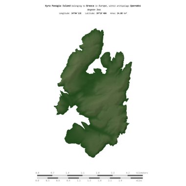 Yunanistan 'a ait Ege Denizi' ndeki Kyra Panagia Adası, uzaklık ölçeğine sahip renkli bir yükseklik haritasında izole edilmiştir.