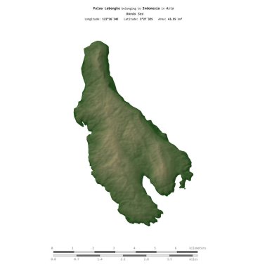 Endonezya 'ya ait Banda Denizi' ndeki Pulau Labengke, uzaklık ölçeğine sahip renkli bir yükseklik haritasında izole edilmiştir.