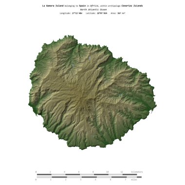 İspanya 'ya ait Kuzey Atlantik Okyanusu' ndaki La Gomera Adası, uzaklık ölçeğinde, renkli bir yükseklik haritasında izole edilmiştir.