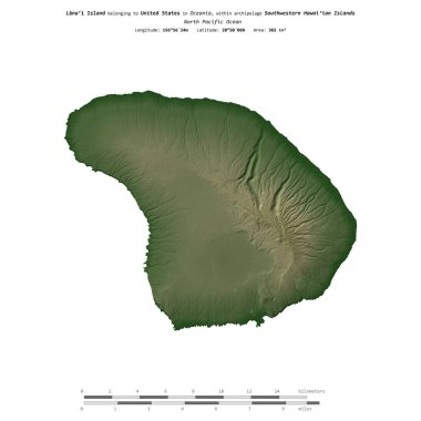 Amerika Birleşik Devletleri 'ne ait Kuzey Pasifik Okyanusu' ndaki Lanai Adası, uzaklık ölçeğinde, renkli bir yükseklik haritasında izole edilmiştir.