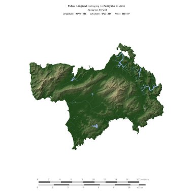 Malezya 'ya ait Malacca Boğazı' ndaki Pulau Langkawi, uzaklık ölçeğine sahip renkli bir yükseklik haritasında izole edilmiş.