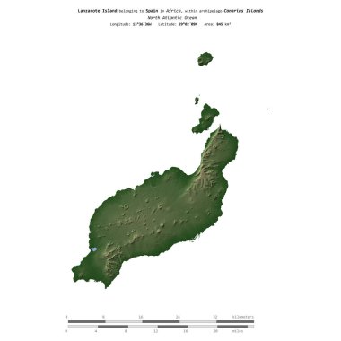 İspanya 'ya ait Kuzey Atlantik Okyanusu' ndaki Lanzarote Adası, uzaklık ölçeğine sahip renkli bir yükseklik haritasında izole edilmiştir.