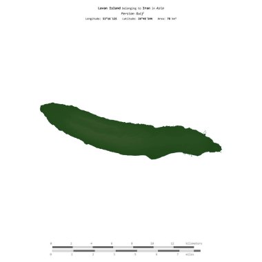 İran Körfezi 'ndeki Lavan Adası, uzaklık ölçeğinde renkli bir yükseklik haritasında izole edilmiş.