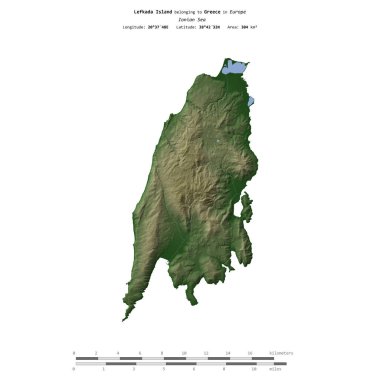 Yunanistan 'a ait İyon Denizi' ndeki Lefkada Adası, uzaklık ölçeğine sahip renkli bir yükseklik haritasında izole edilmiştir.