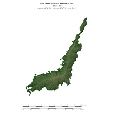 Endonezya 'ya ait Molukka Denizi' ndeki Pulau Lembeh, uzaklık ölçeğine sahip renkli bir yükseklik haritasında izole edilmiştir.