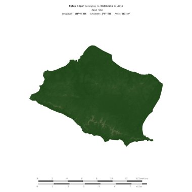 Endonezya 'ya ait Java Denizi' ndeki Pulau Lepar, uzaklık ölçeğine sahip renkli bir yükseklik haritasında izole edilmiştir.