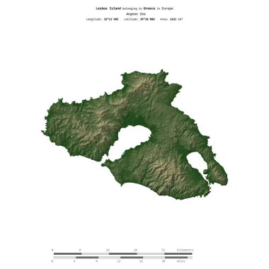 Yunanistan 'a ait Ege Denizi' ndeki Lezbiyen Adası, uzaklık ölçeğine sahip renkli bir yükseklik haritasında izole edilmiş.