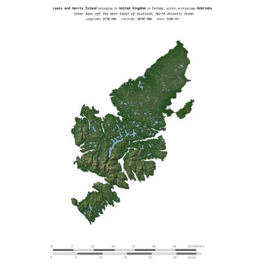 Birleşik Krallık 'a ait Kuzey Atlantik Okyanusu' ndaki Lewis ve Harris Adası, uzaklık ölçeğine sahip renkli bir yükseklik haritasında izole edilmiştir.