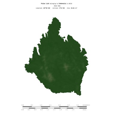 Endonezya 'ya ait Java Denizi' ndeki Pulau Liat, uzaklık ölçeğine sahip renkli bir yükseklik haritasında izole edilmiştir.