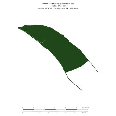 Doğu Çin Denizi 'ndeki Lingkun Adası, uzaklık ölçeğinde, renkli bir yükseklik haritasında izole edilmiştir.
