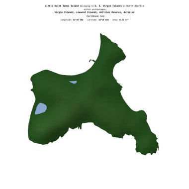 Karayip Denizi 'ndeki küçük Saint James Adası, ABD Virgin Adaları' na ait, renkli bir yükseklik haritasında izole edilmiş, mesafe ölçeğinde.