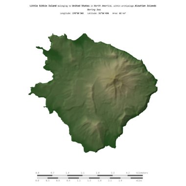 Bering Denizi 'ndeki küçük Sitkin Adası, Amerika Birleşik Devletleri' ne ait, renkli bir yükseklik haritasında izole edilmiş, mesafe ölçeğinde.